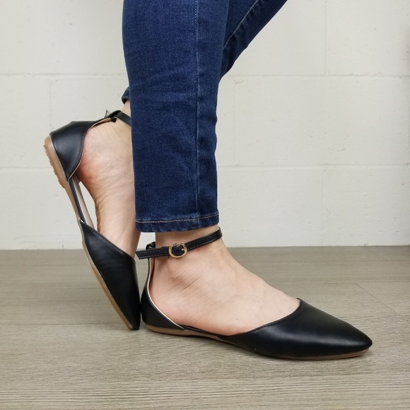 Ankle Strap Pointed Toe Ballerina Flats-M 13133 - Picture 6 of 8